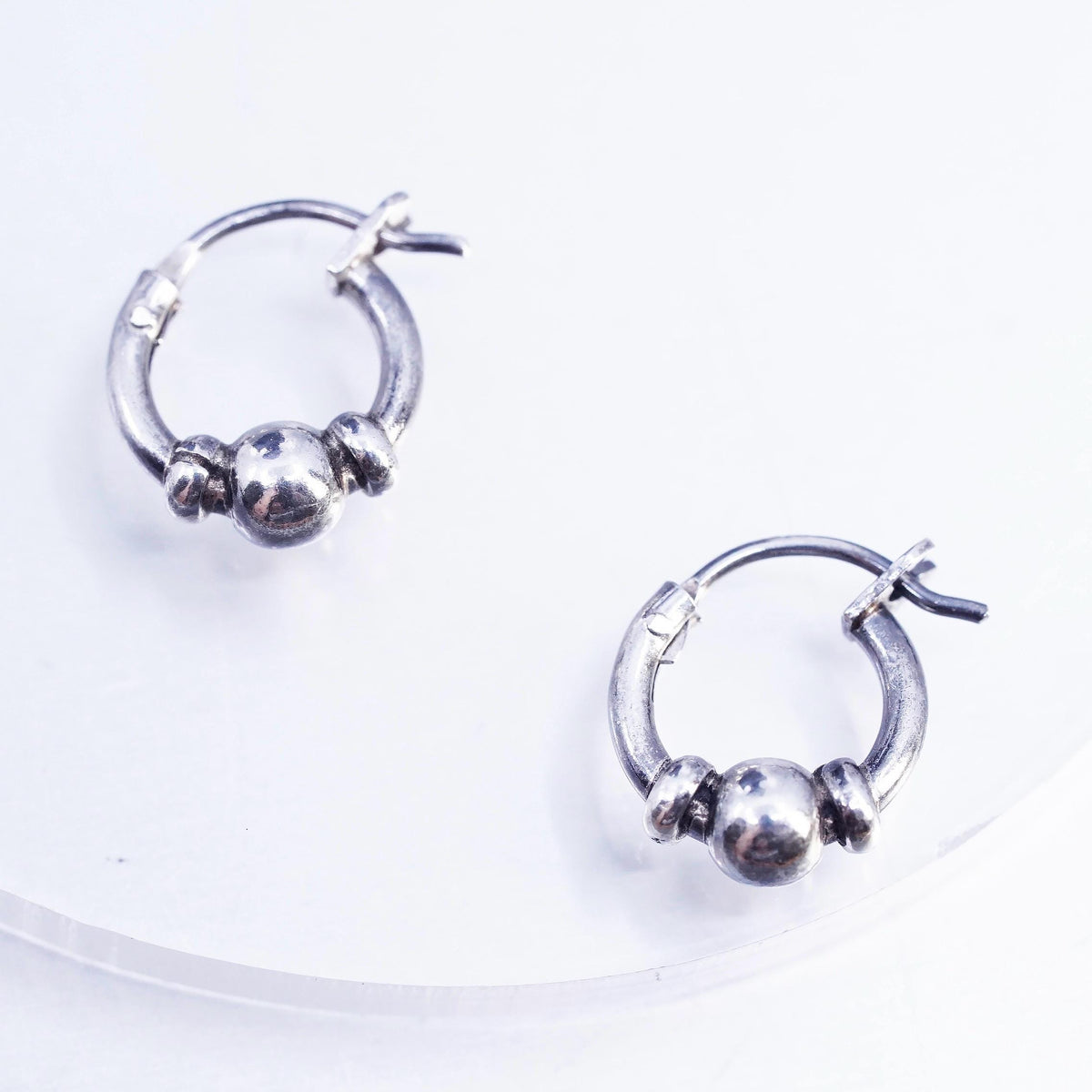 10mm, vintage Sterling silver handmade earrings, 925 Huggie hoops with bead