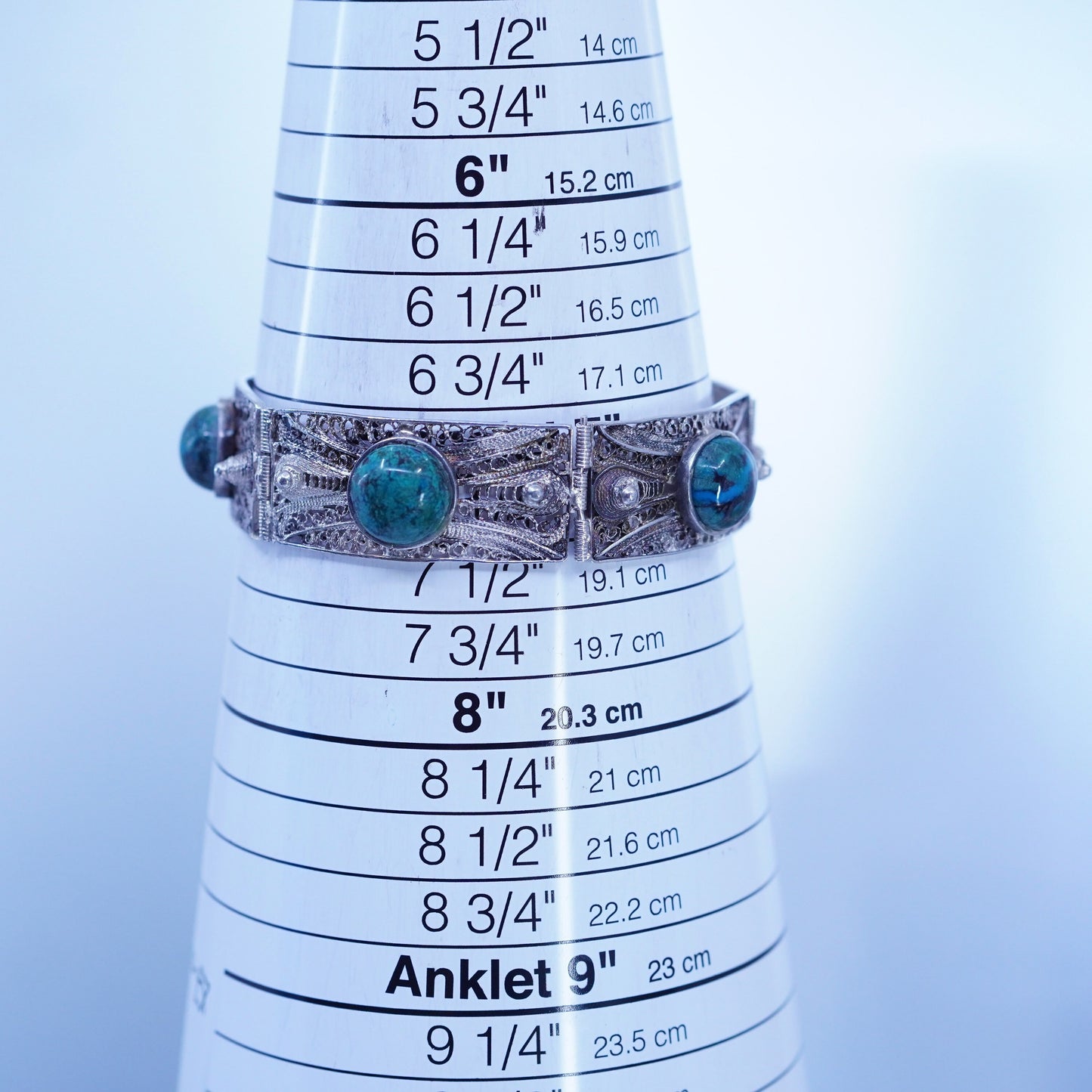 7”, Sterling 925 silver handmade bracelet, filigree rectangular link turquoise