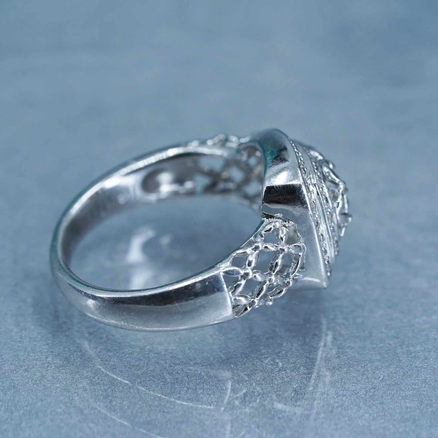 Size 9, vintage Sterling 925 silver handmade ring, filigree belt band diamonds