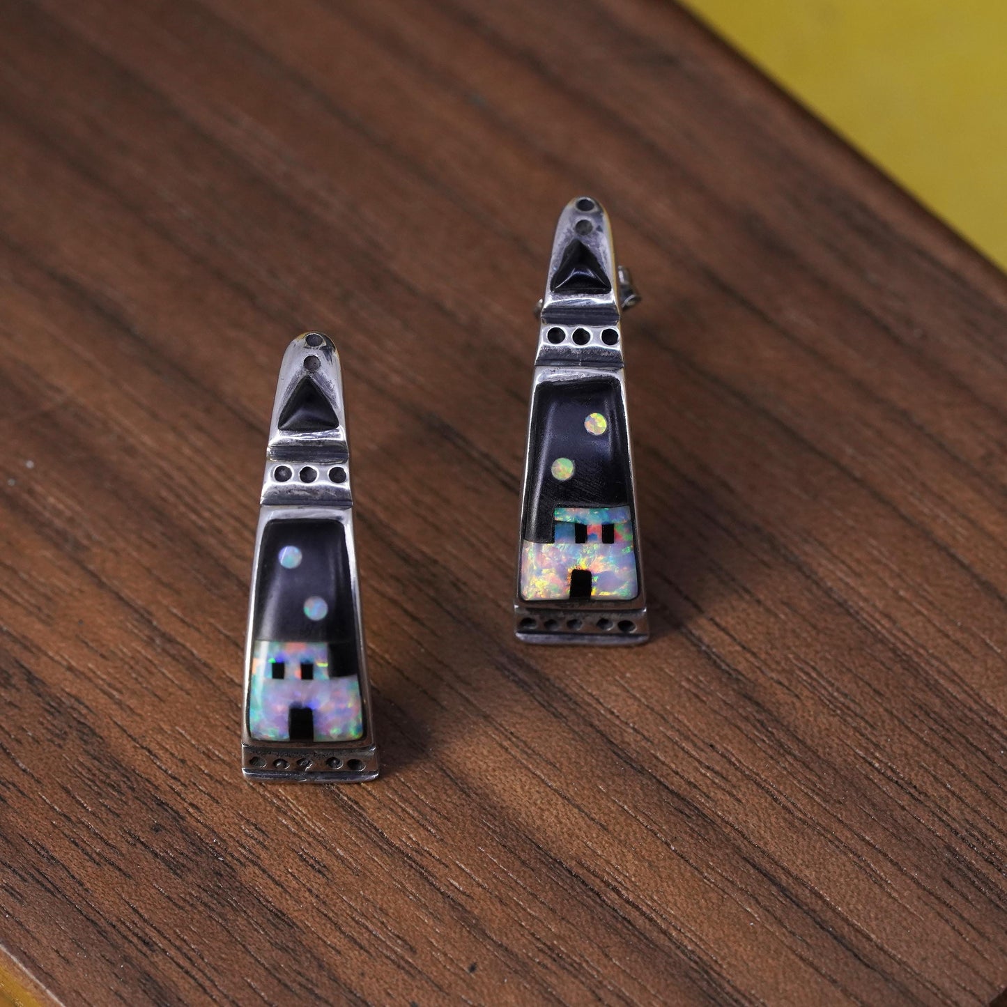 Native American Sterling 925 silver zuni huggie studs earrings with onyx opal