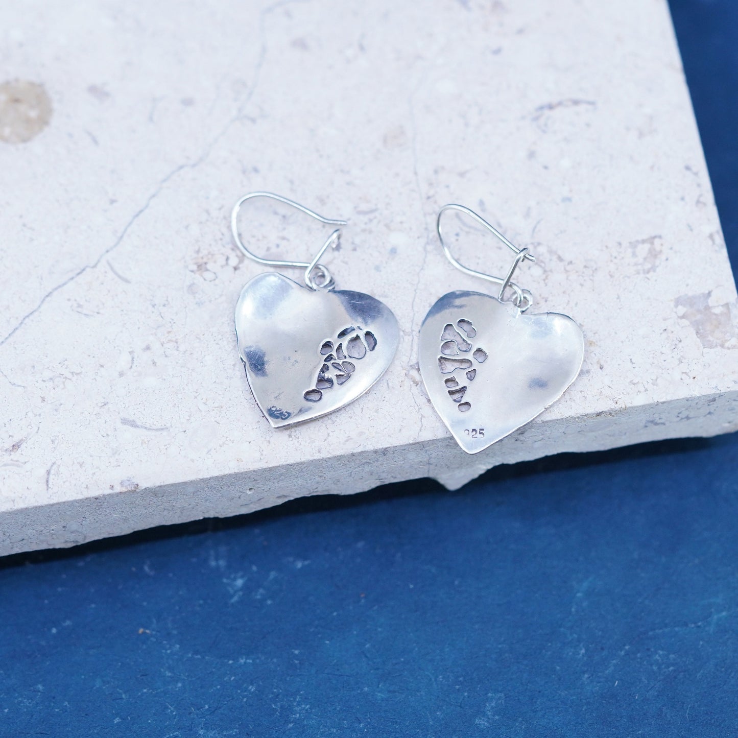 Vintage Sterling silver handmade earrings, textured 925 heart drops