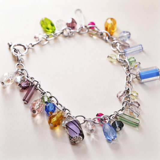 7” 3mm, Vintage sterling 925 silver circle bracelet w/ multi color glass charms