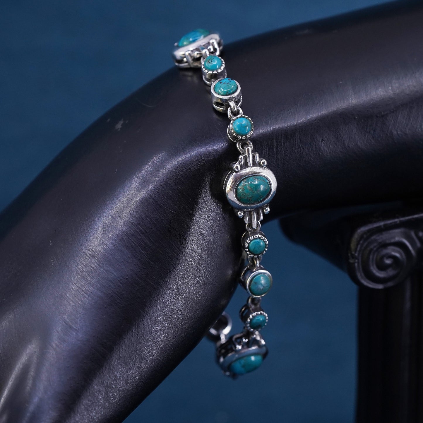 6.75”, sterling 925 silver handmade bracelet with turquoise and toggle closure