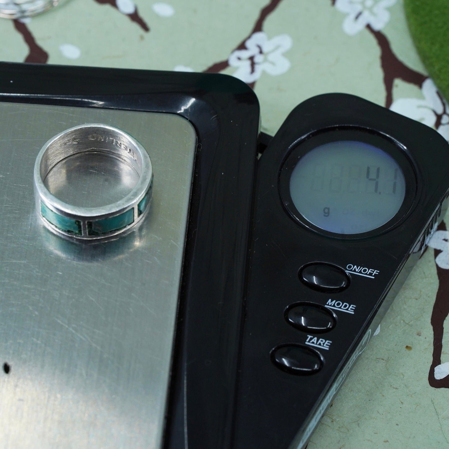 Size 5.25 Native American bell post sterling silver ring, 925 band w/ turquoise