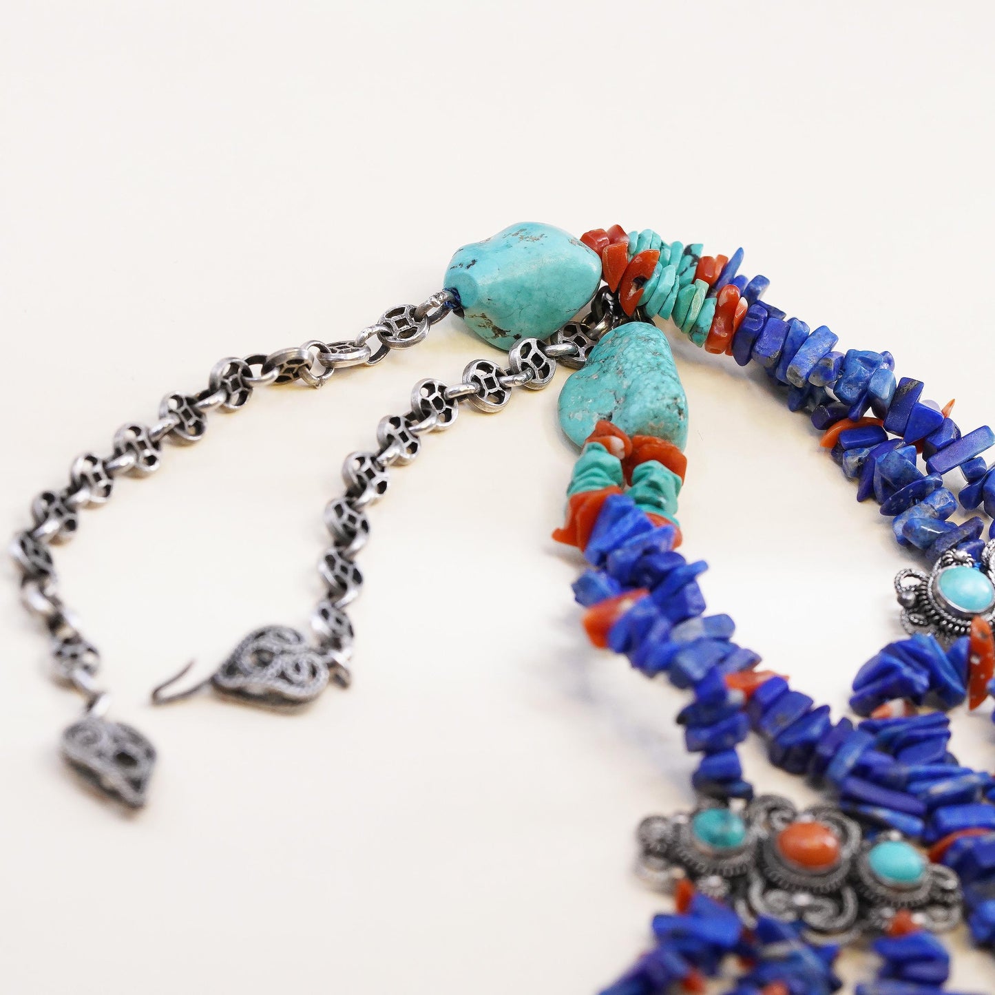 24", Native American Sterling Silver 925 Lapis Lazuli Turquoise Coral Necklace