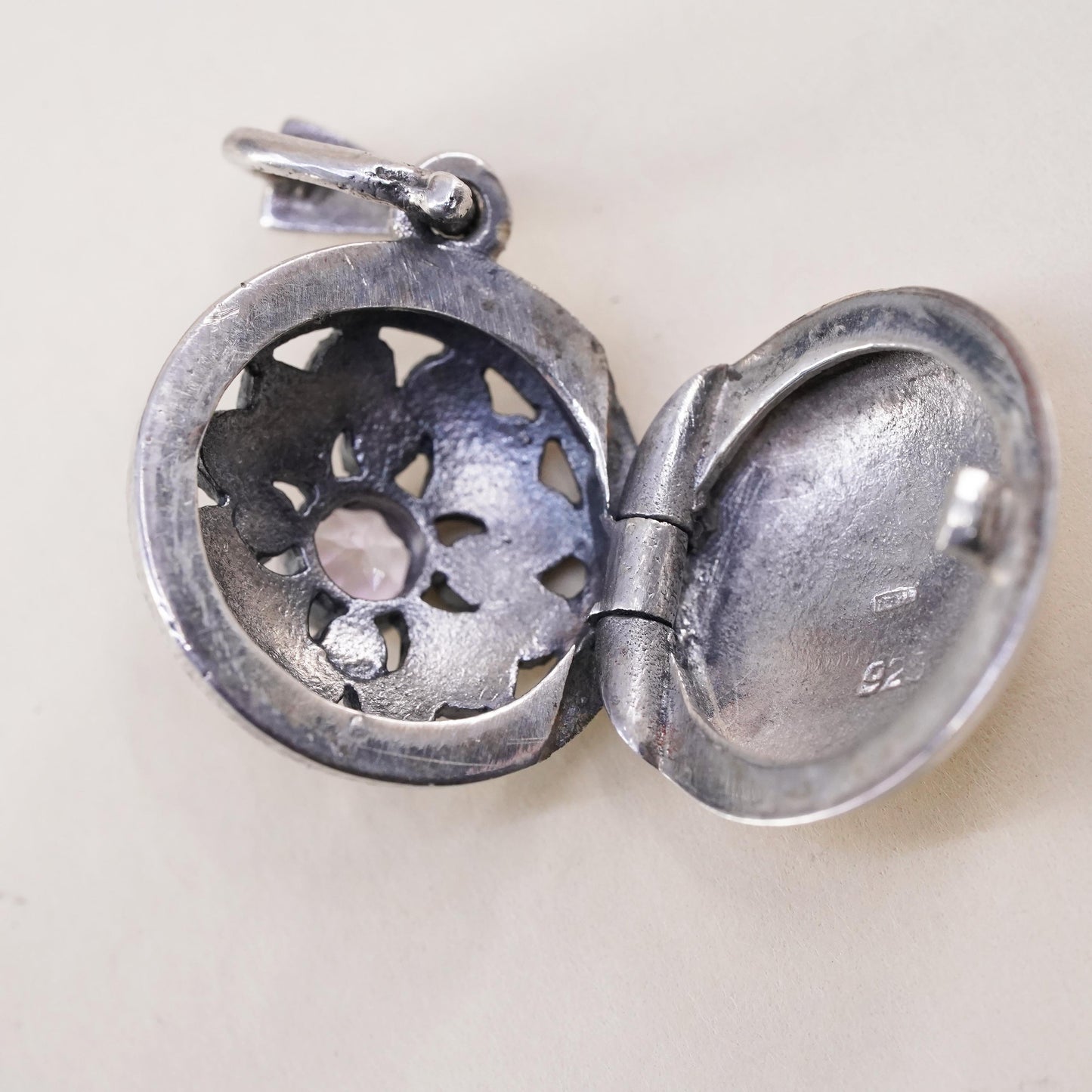 Sterling silver prayer circle locket pendant, 925 charm marcasite amethyst