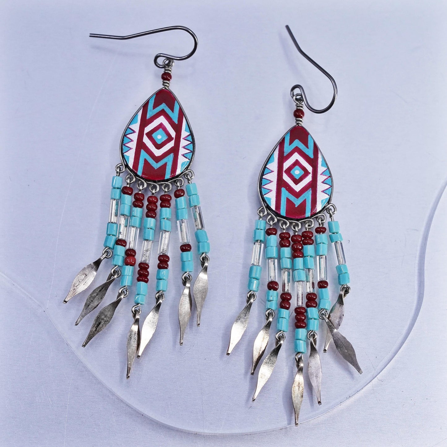 Vintage southwestern Sterling 925 silver teardrop earrings with fringe dangles