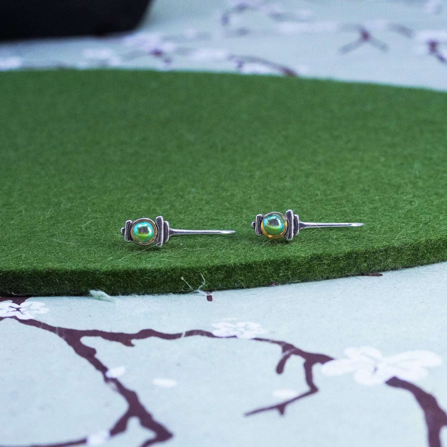 Sterling silver handmade earrings, 925 hooks rainbow foiled artisan glass bead