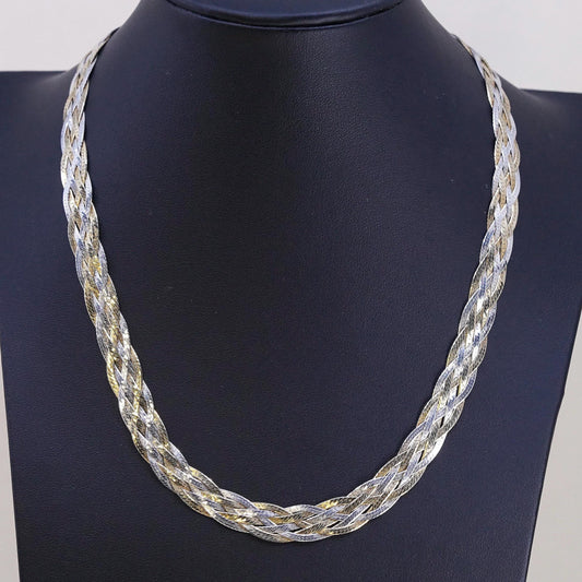 18", VTG vermeil gold sterling silver necklace, 925 braided herringbone chain