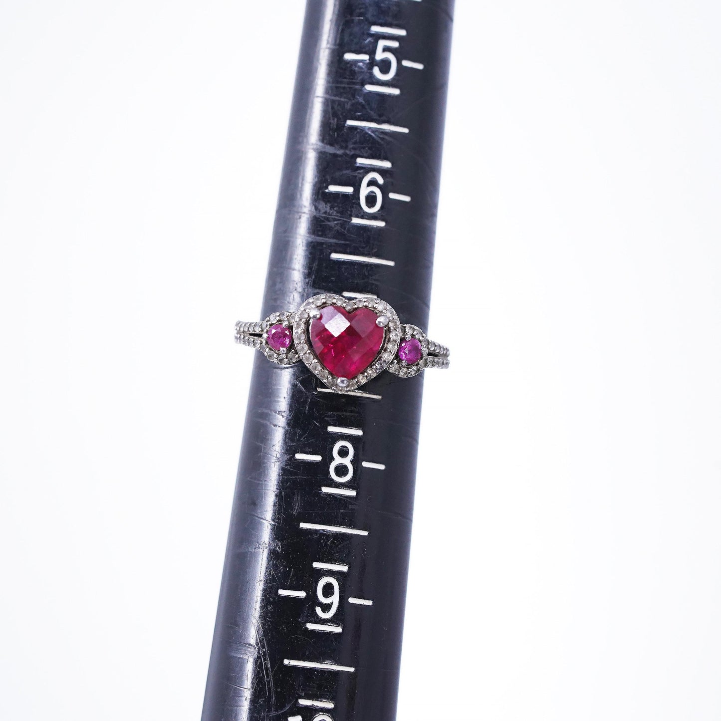 Size 7, PM 925 Sterling Silver Ruby Diamond Heart Ring, July Promise Heart Halo