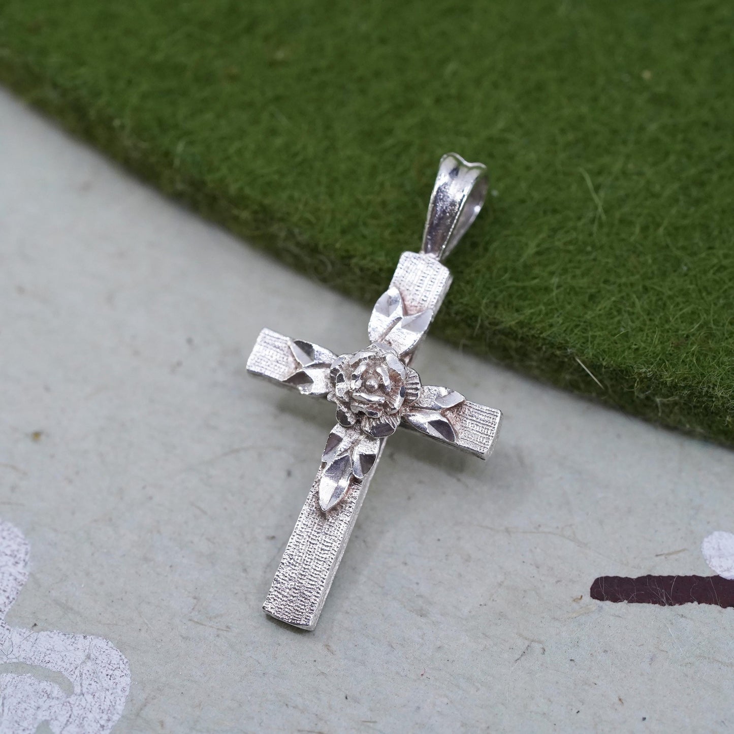 Vintage handmade Sterling silver pendant, 925 cross charm with rose flower