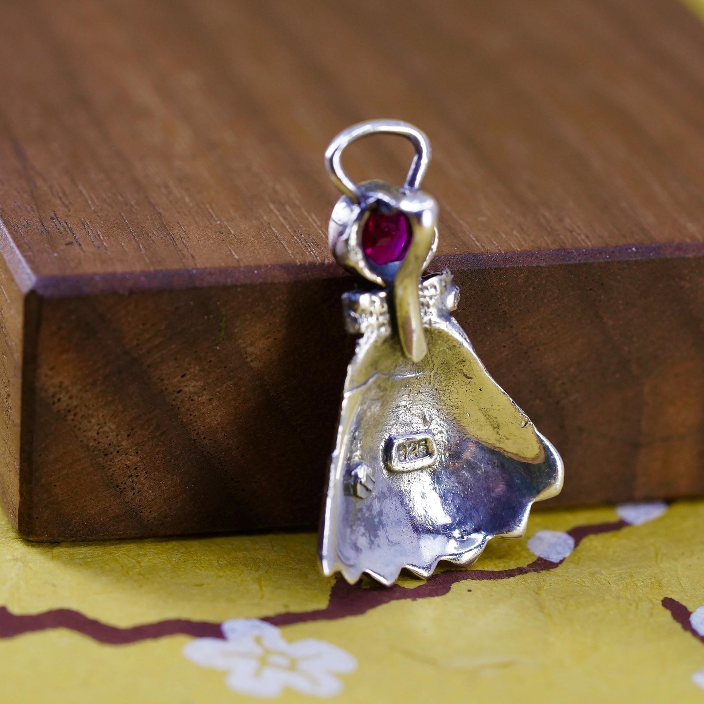 Vintage Sterling silver handmade pendant, 925 angel charm with ruby