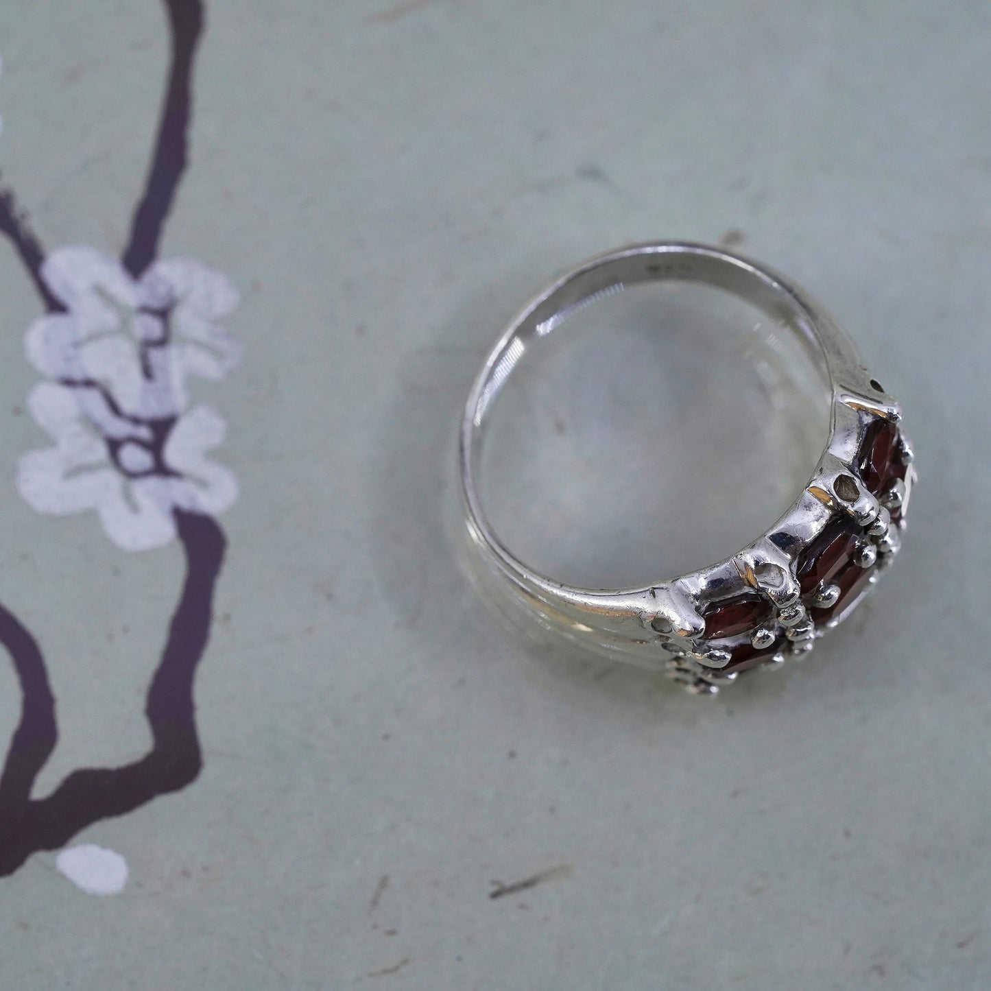 Size 9.75, vintage sterling silver 925 handmade ring with cluster ruby