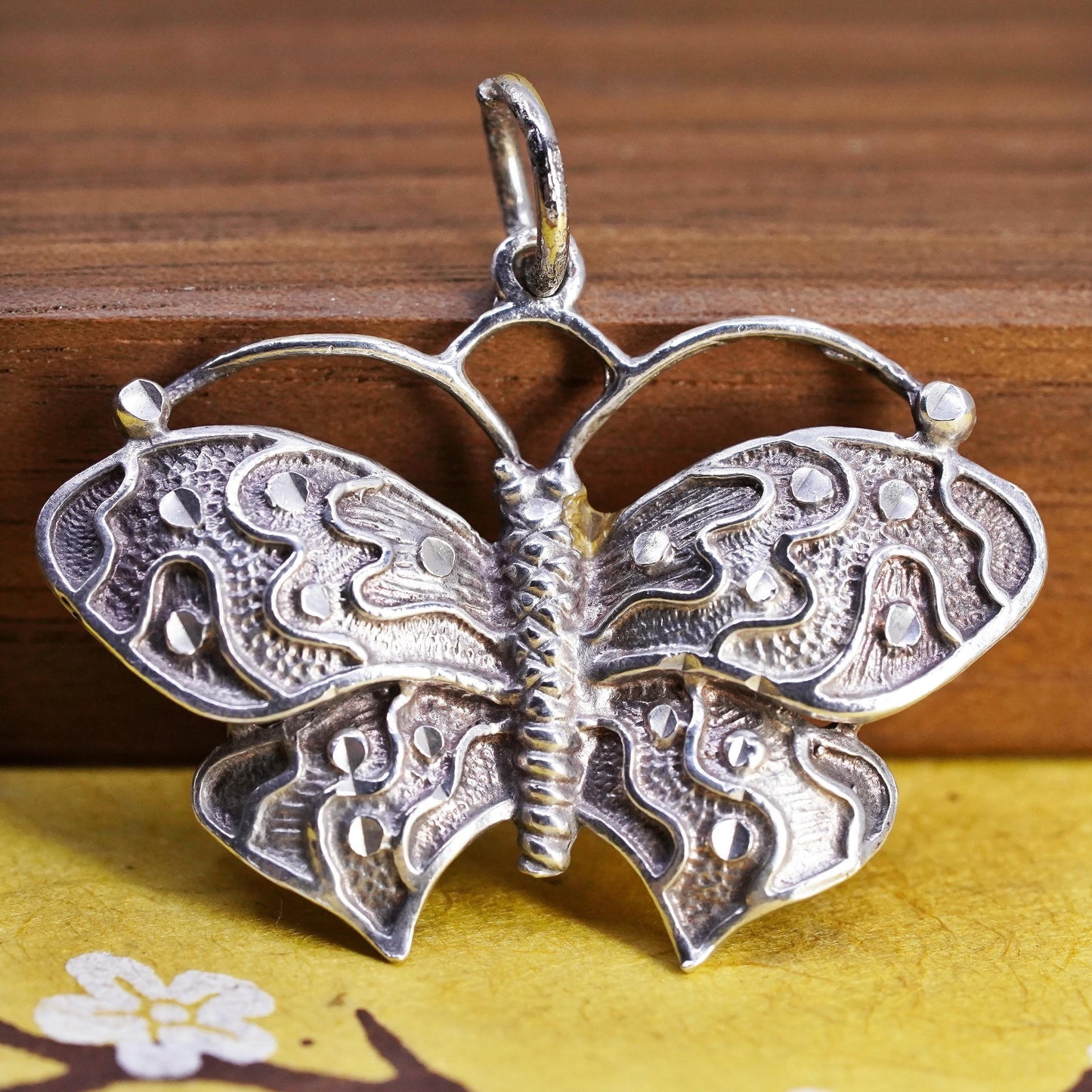 Vintage Sterling 925 silver handmade textured butterfly charm pendant