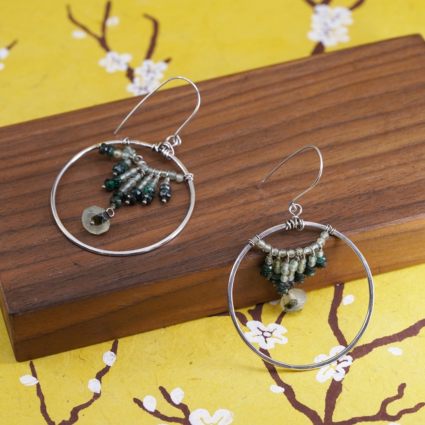 Vintage Sterling silver handmade circle earrings, 925 hoops with jade beads