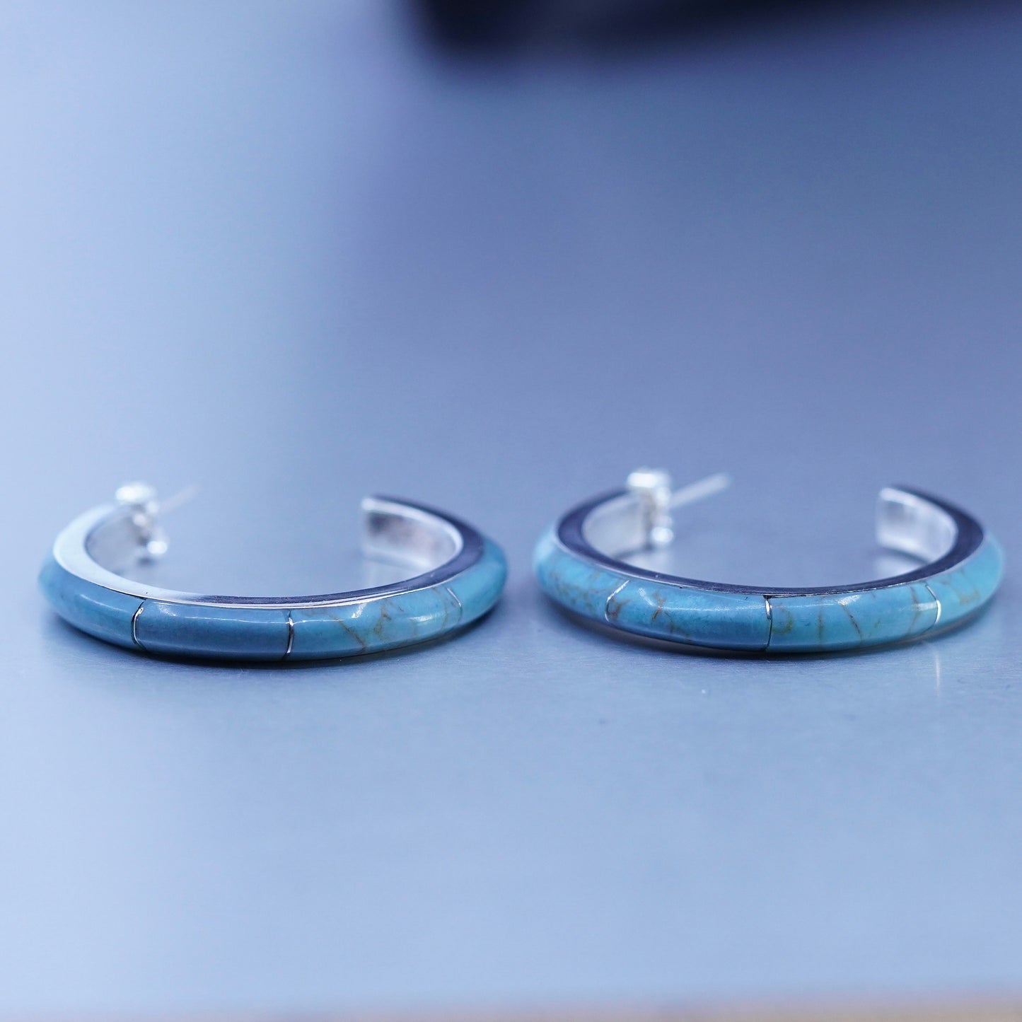 1.5”, Mexican Sterling silver handmade earrings, 925 huggie hoops w/ turquoise