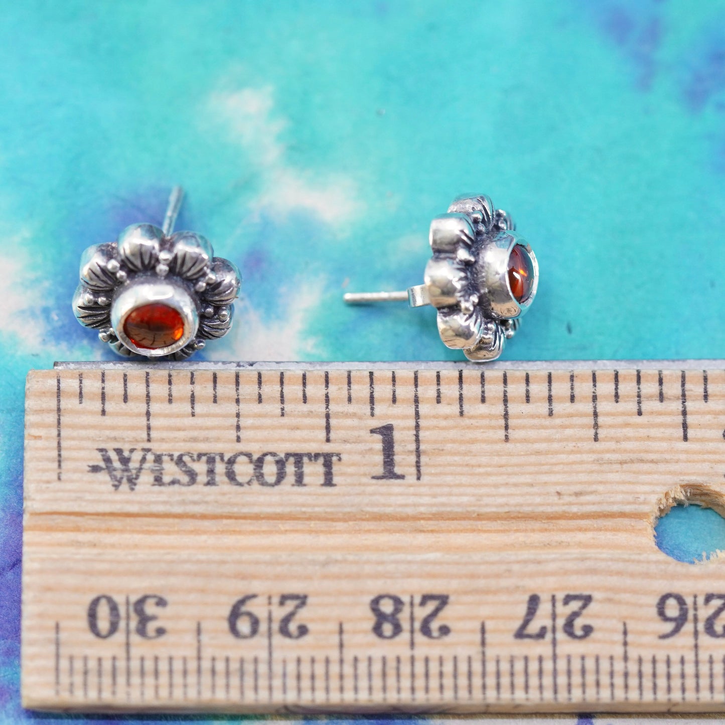 Vintage Sterling silver handmade earrings, 925 silver studs with garnet