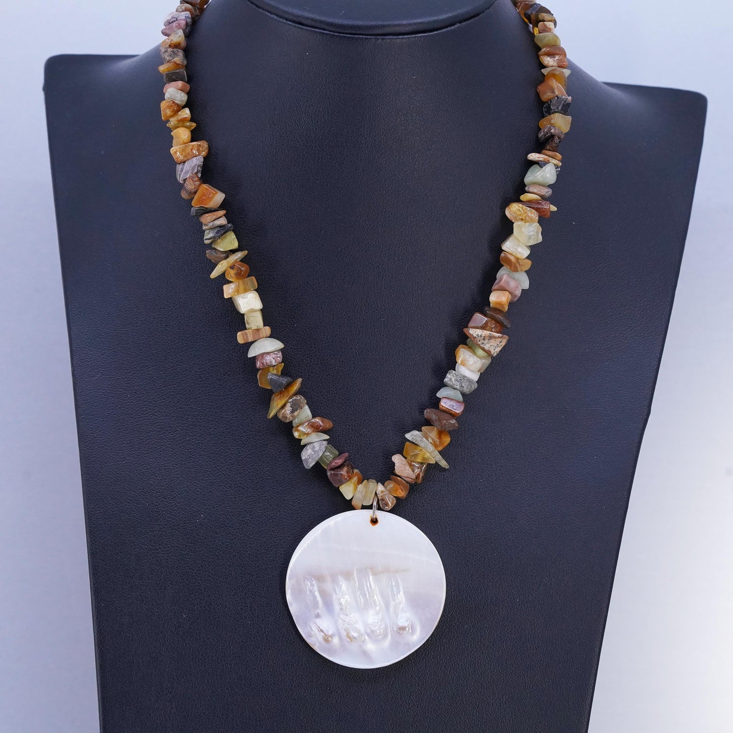 16” Sterling Silver Jasper agate beads necklace round Blister Pearl pendant