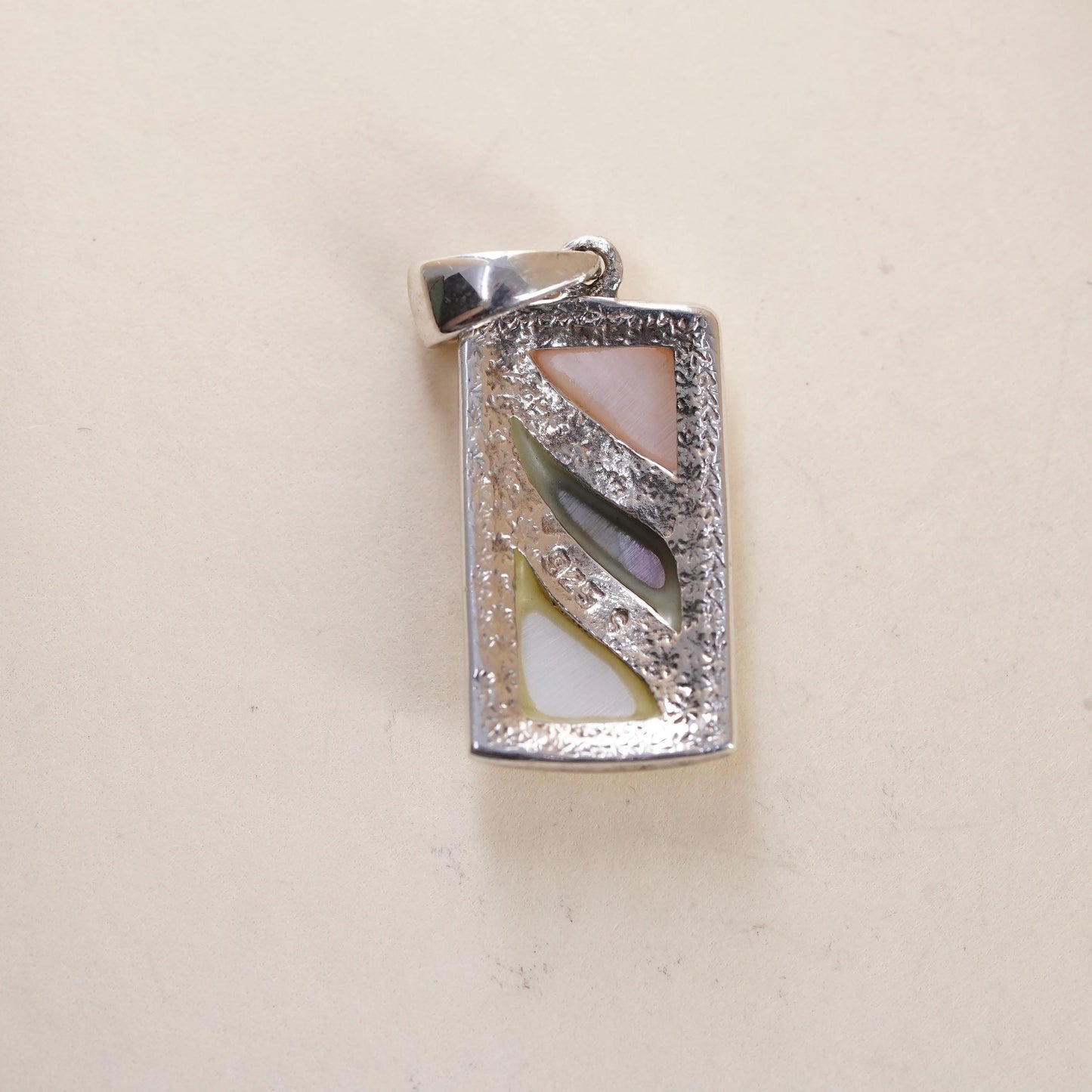 Vintage sterling 925 silver rectangular pendant mother of pearl abalone inlay