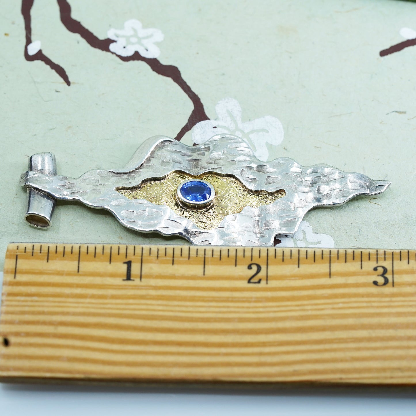 fashion two tone sterling silver pendant, huge 925 textured wave w/ blue topaz