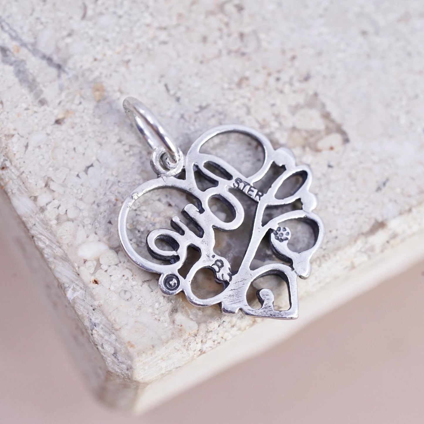 Vintage sterling silver handmade pendant, 925 heart charm "love"