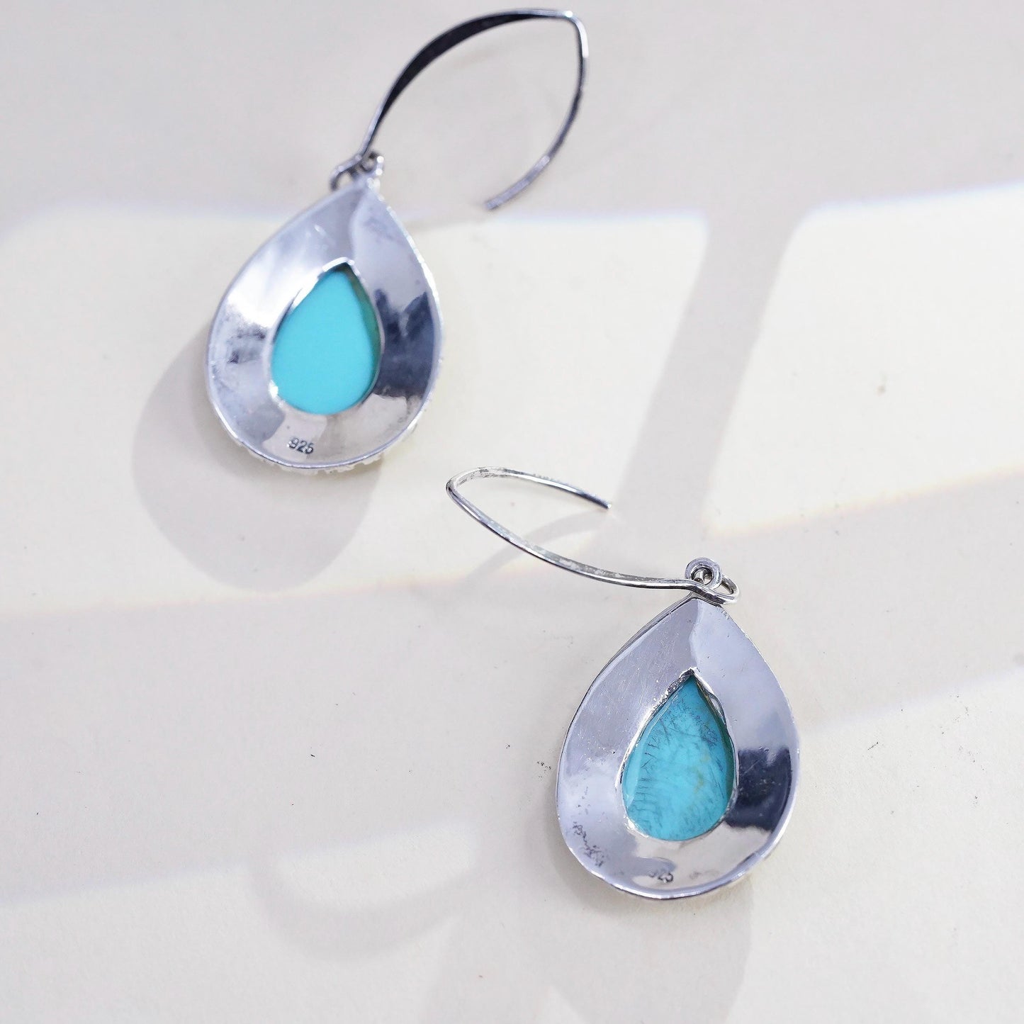 Southwestern sterling silver 925 handmade textured teardrop earrings turquoise