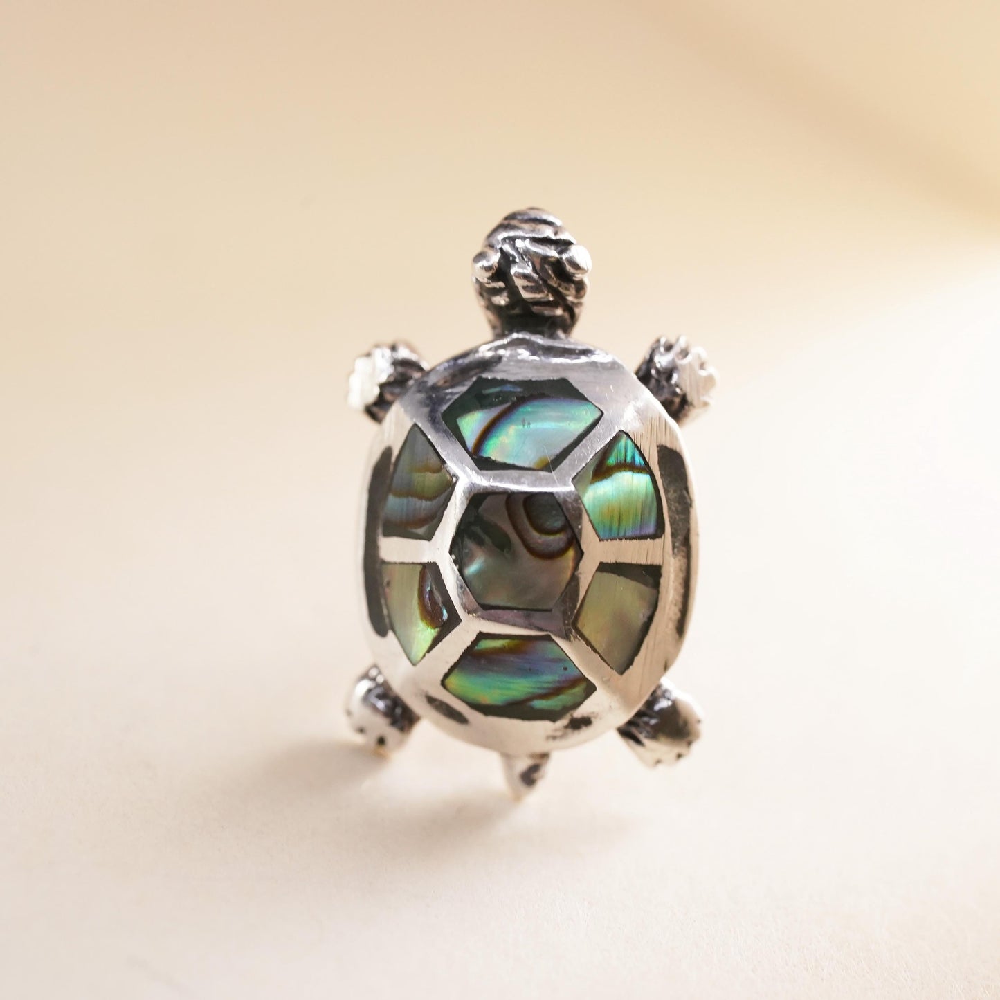 Vintage handmade single earring. Sterling 925 silver turtle stud with abalone