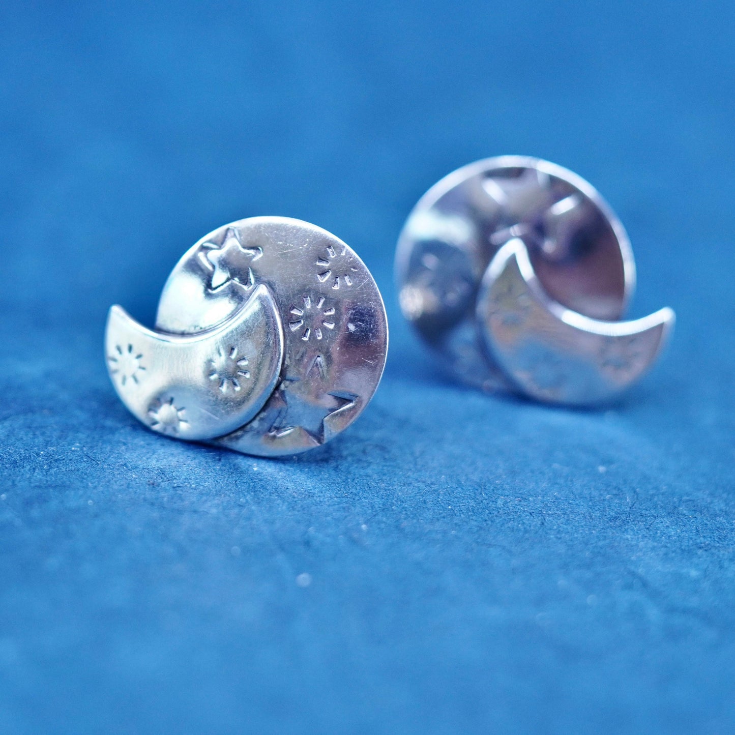 Native American southwestern Sterling silver earrings, 925 star moon studs