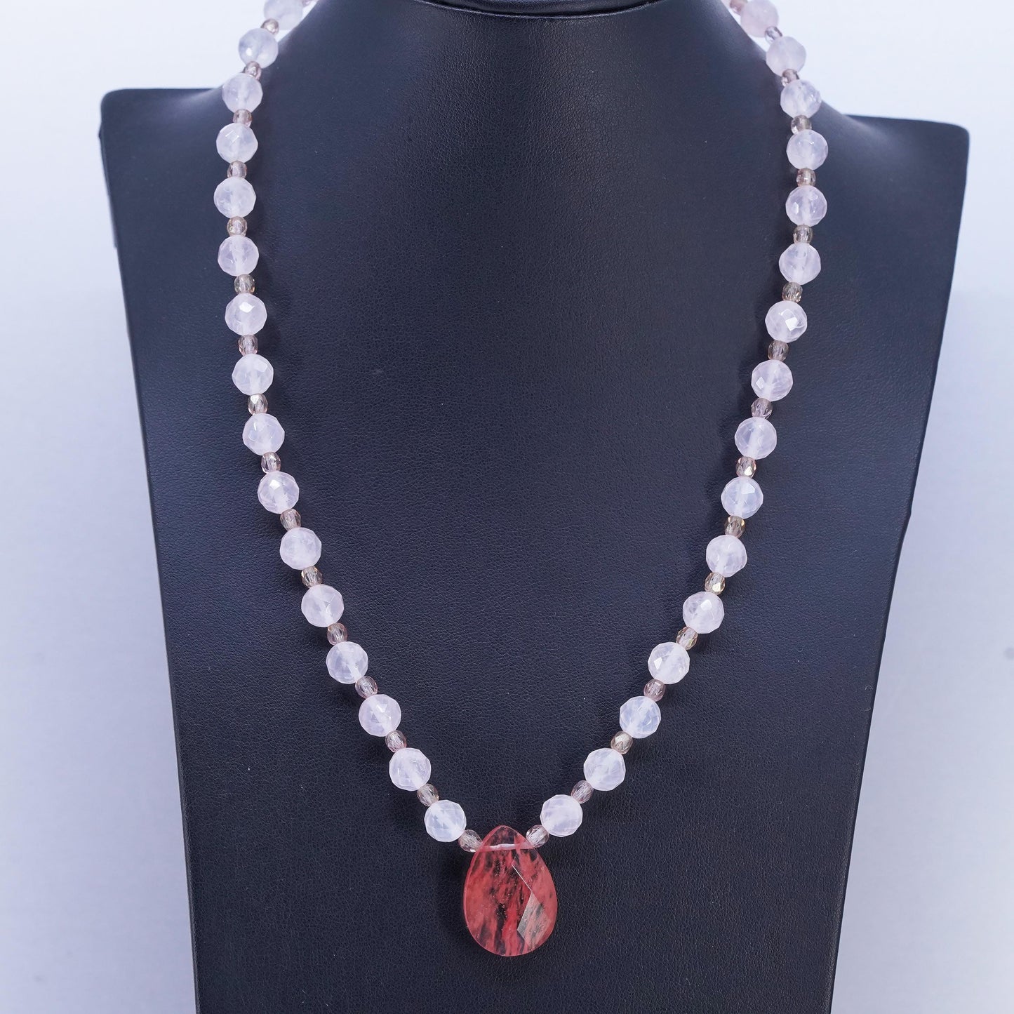 19", 925 Sterling Silver Pink Rose Quartz Beads cherry quartz teardrop pendant