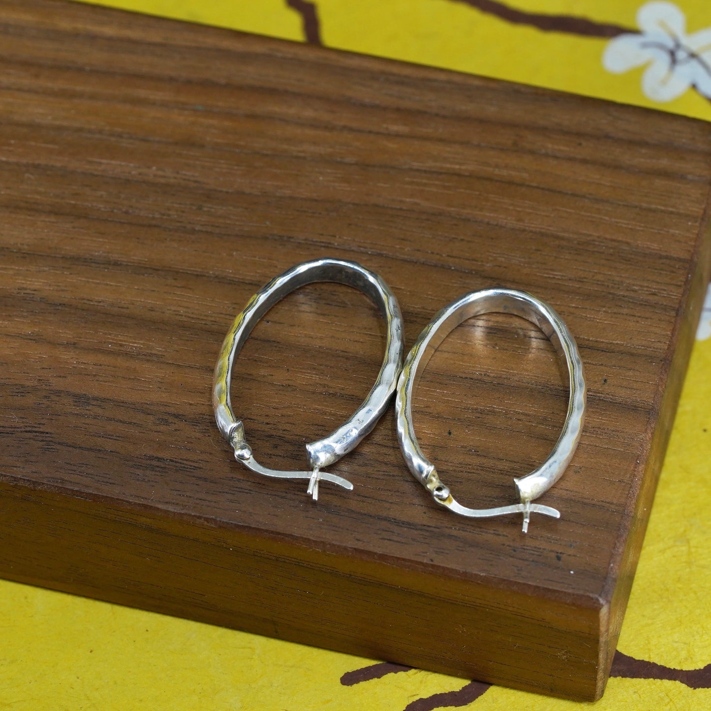 1.25", Sterling silver oval hoop earrings, textured 925 silver huggie