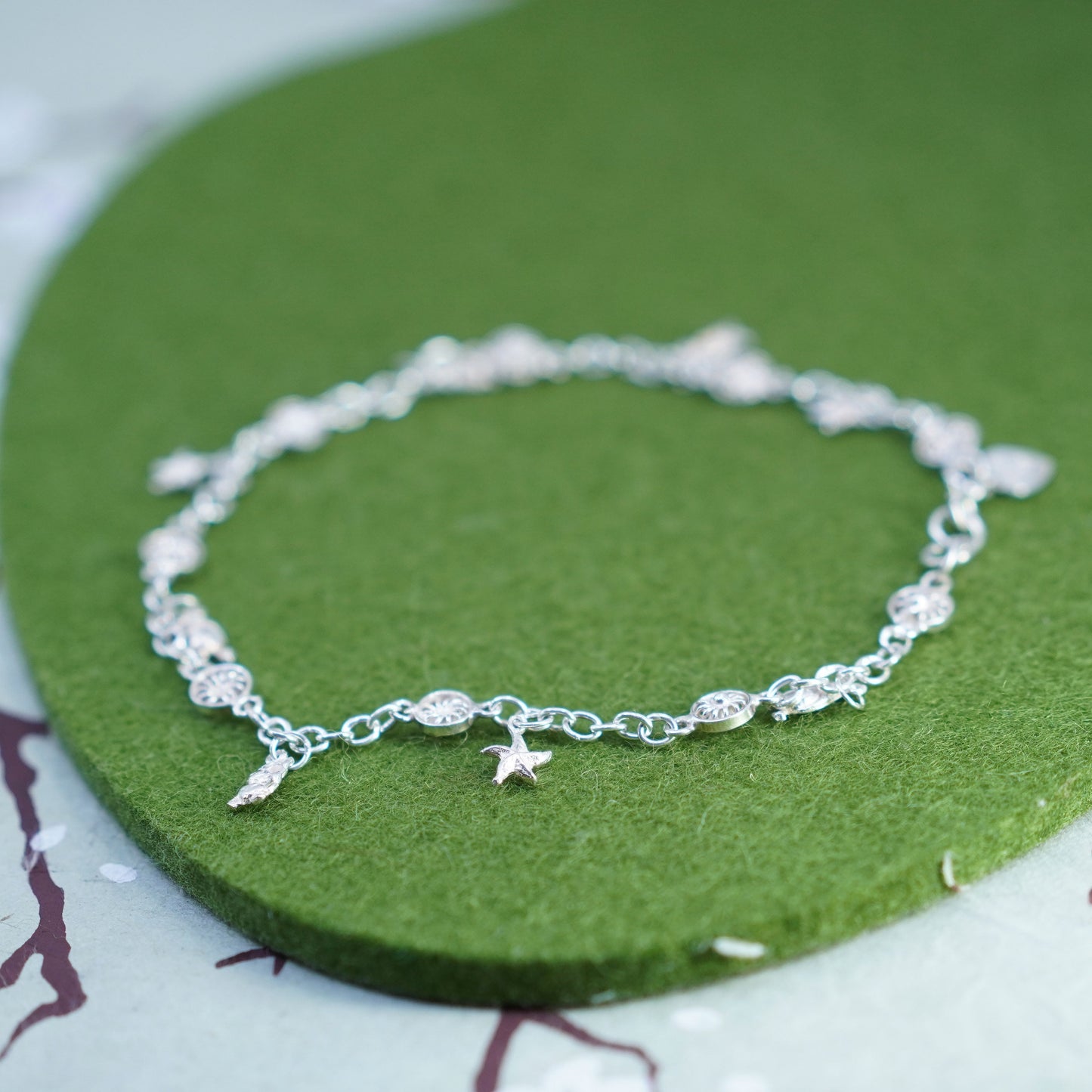 9.5”, Borox sterling silver anklet bracelet 925 sun chain bird star heart charm