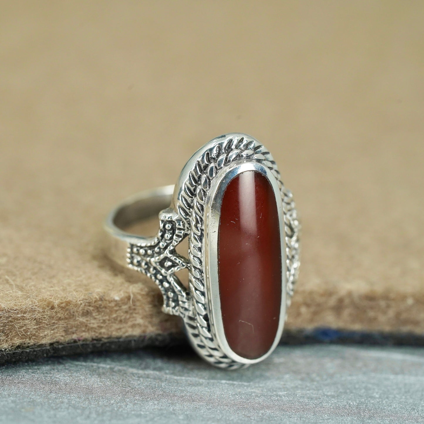 Size 9, southwestern Sterling 925 silver handmade ring with carnelian and cable