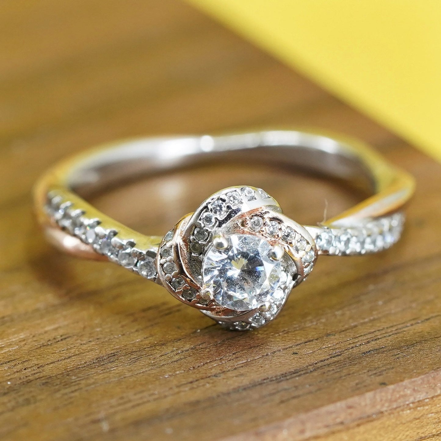 Size 7.25, vintage gold over Sterling silver ring, modern 925 flower with Cz