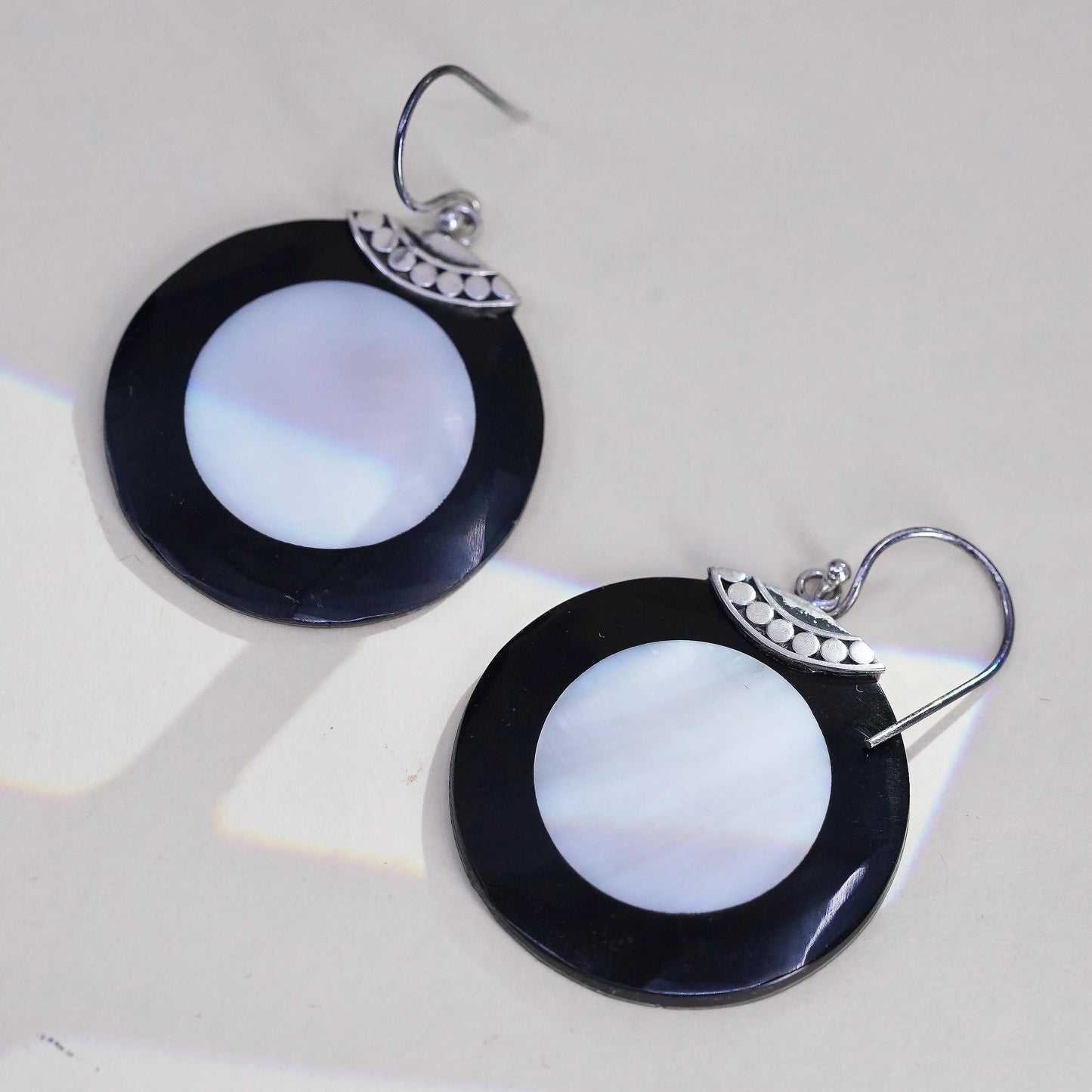 Vintage sterling silver handmade earrings, two tone mother of pearl round drops