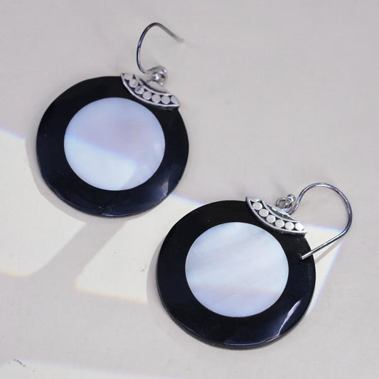 Vintage sterling silver handmade earrings, two tone mother of pearl round drops
