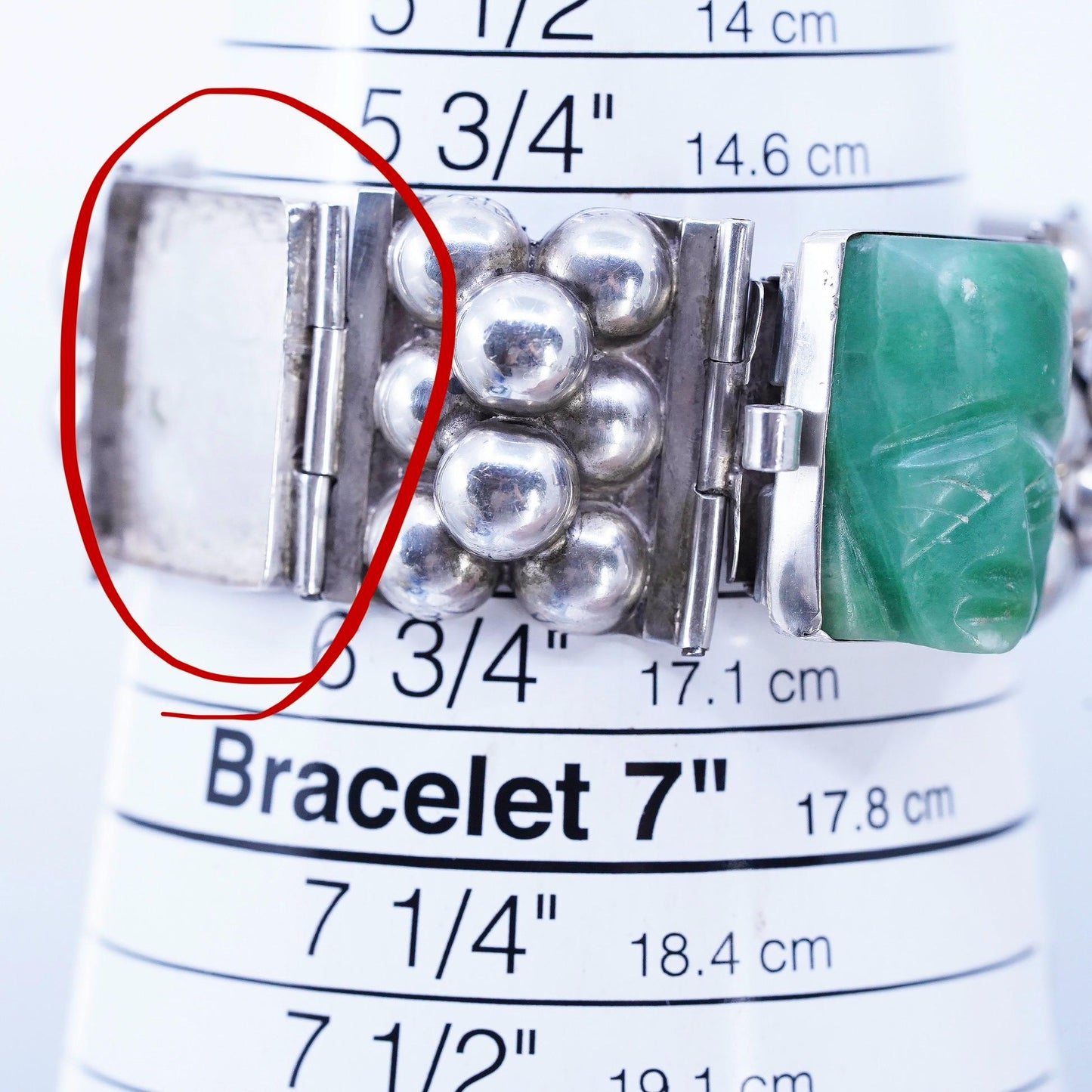 6", DEFECTED! Mexican Sterling Silver Carved Jade Face Mask Panel Bracelet