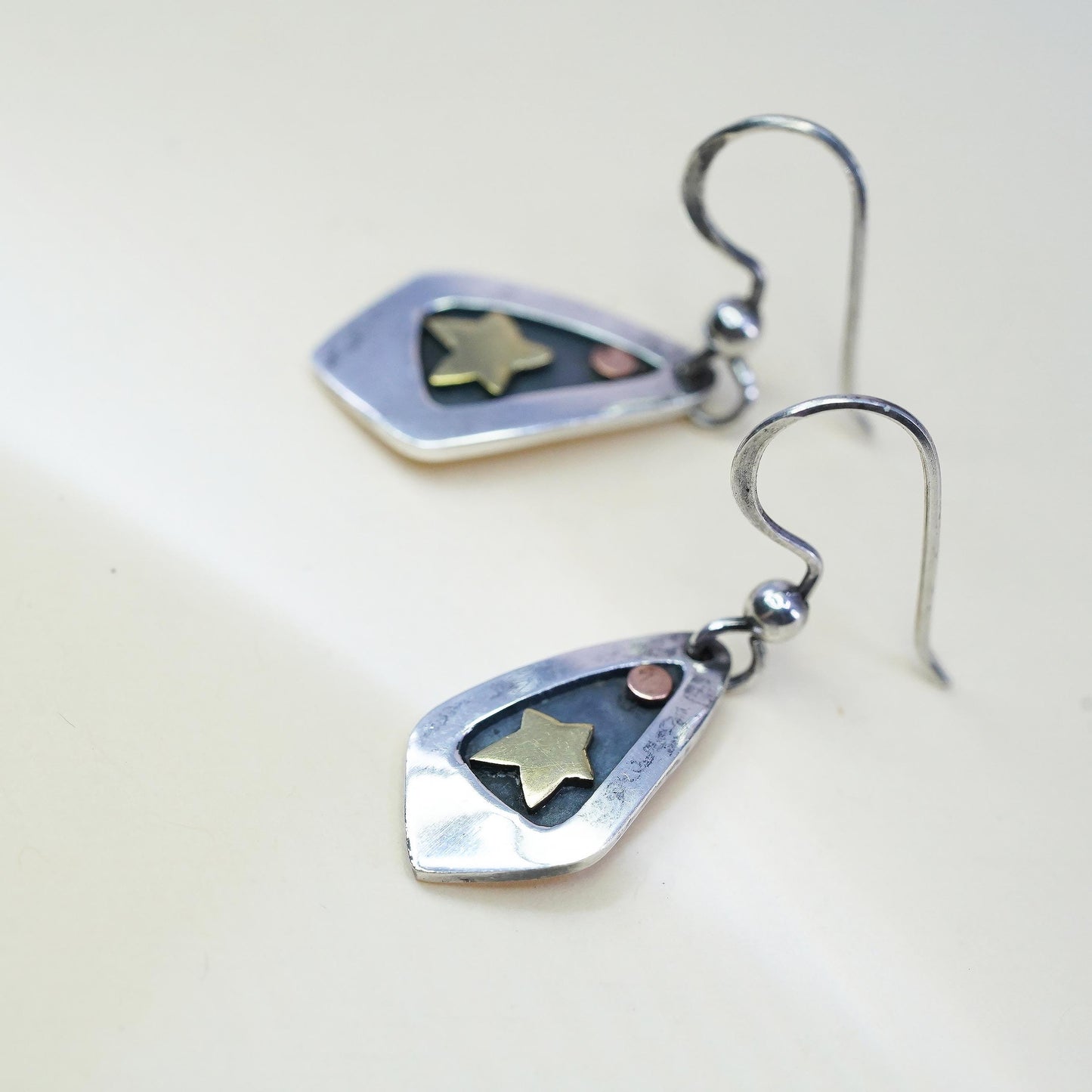Far Fetched triple tone Sterling 925 Silver Teardrop Earrings with brass star