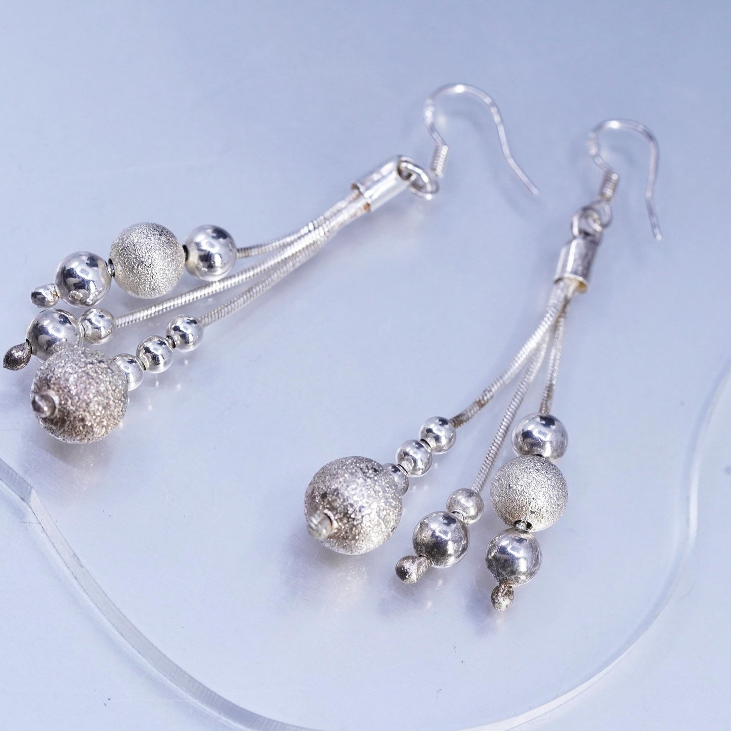 Vintage Sterling 925 silver snake chain fringe beads earrings