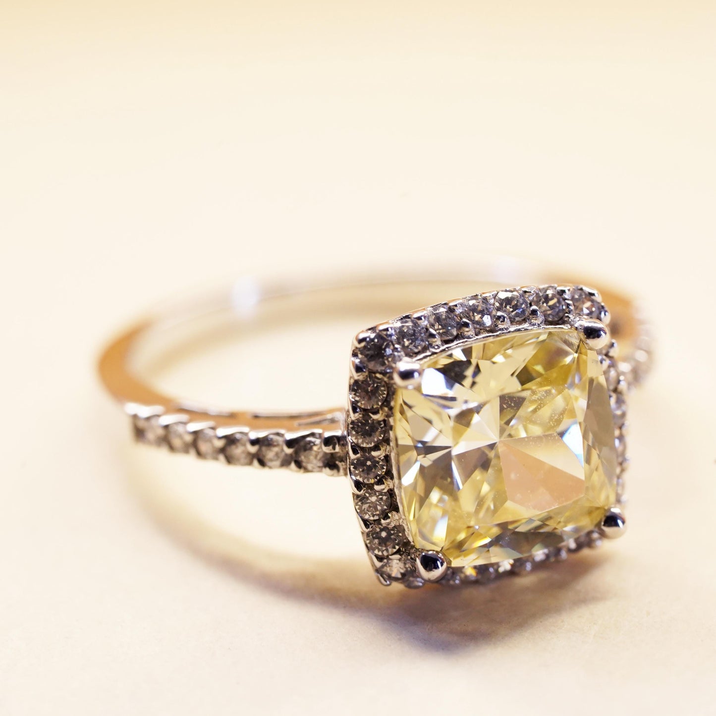 Size 6.5, vintage Sterling 925 silver ring with square citrine and cluster cz