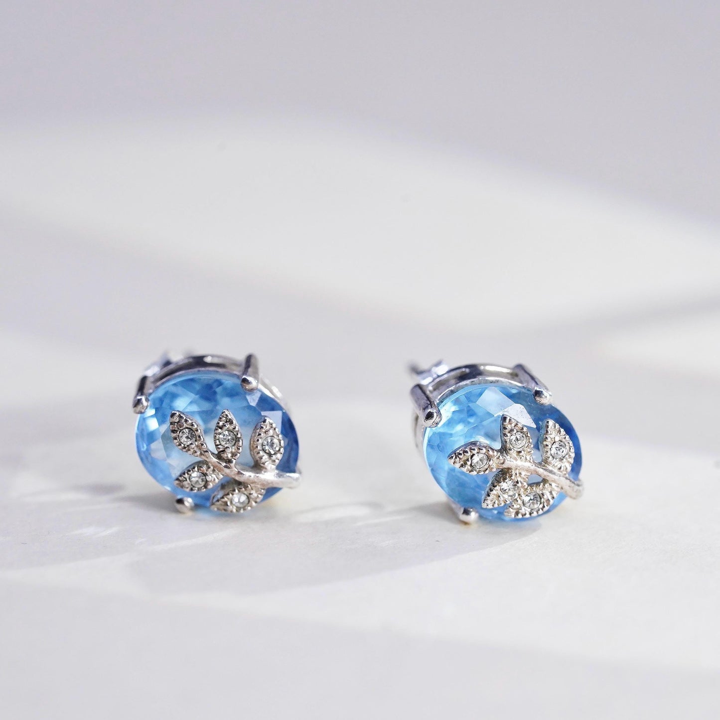Vintage Sterling silver earrings, 925 studs with blue topaz and leaves