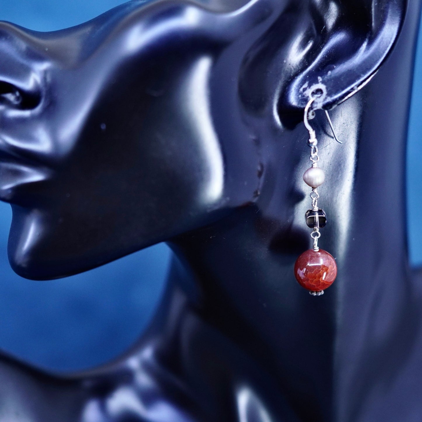 Vintage Sterling 925 silver handmade earrings with carnelian and smoky crystal