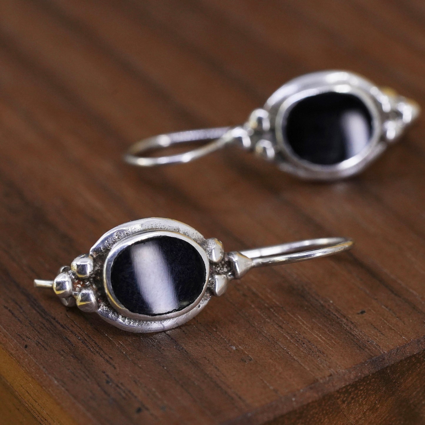 Vintage Sterling 925 silver handmade earrings with oval onyx and beads