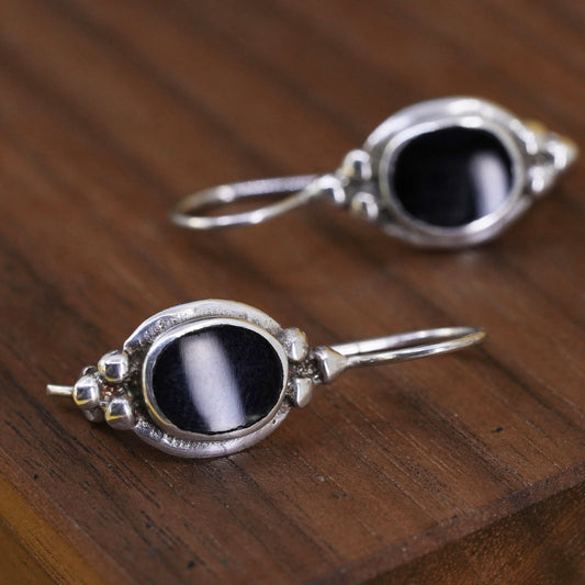 Vintage Sterling 925 silver handmade earrings with oval onyx and beads