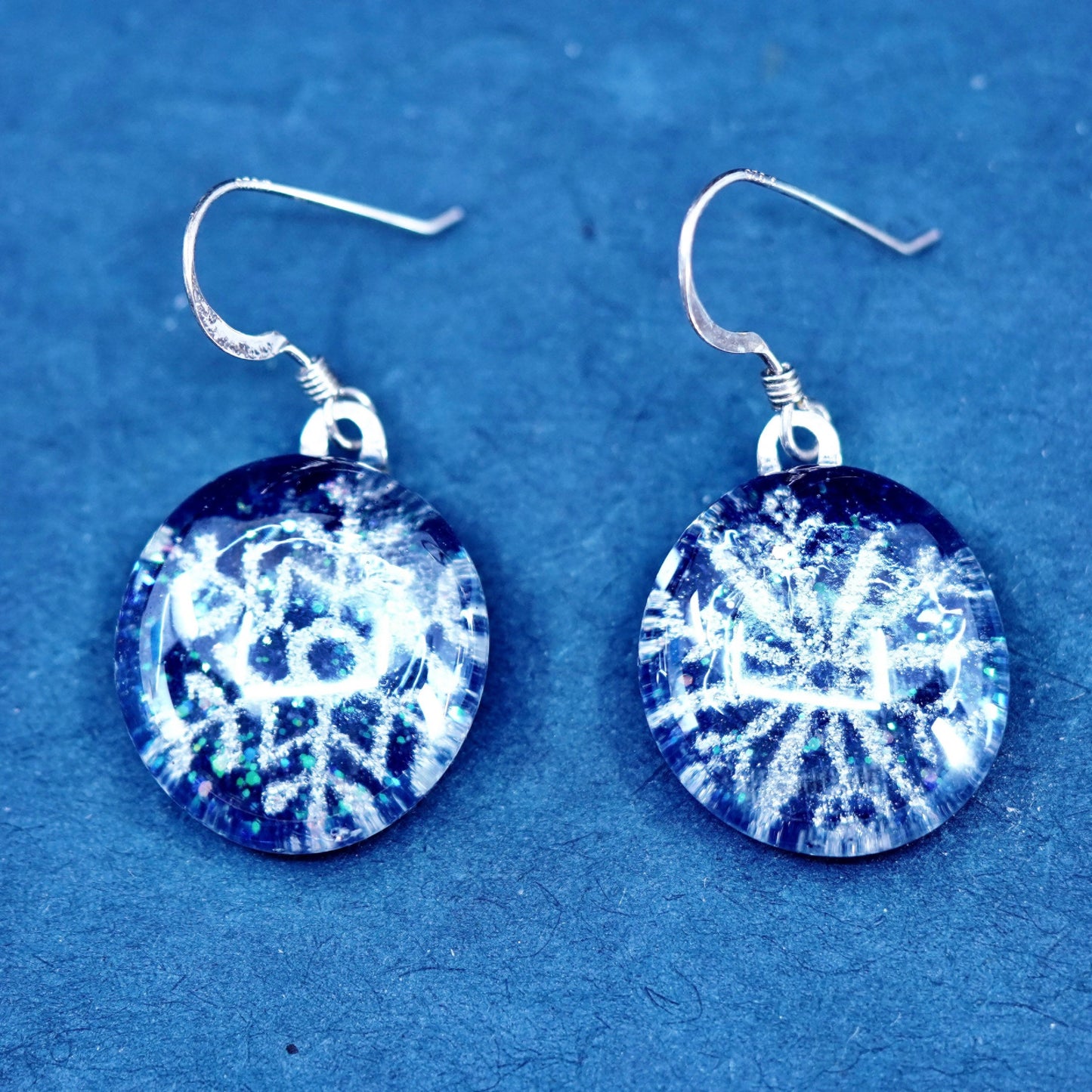 sterling silver earrings, 925 hooks with snowflake foiled glass drops