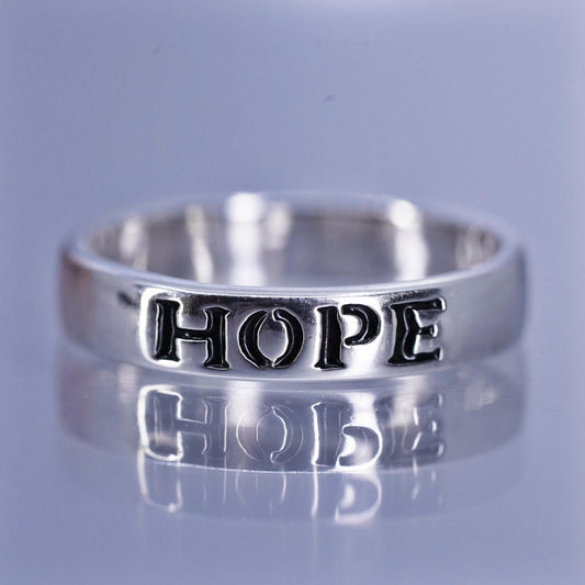 Size 4, vintage southwestern Sterling 925 silver ring, stackable band “ hope”