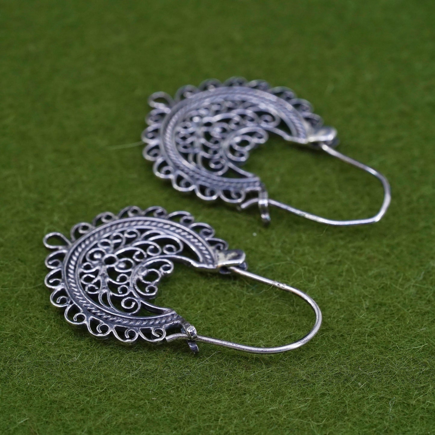 1.5”, sterling silver earrings, 925 earring huggie, filigree textured hoops