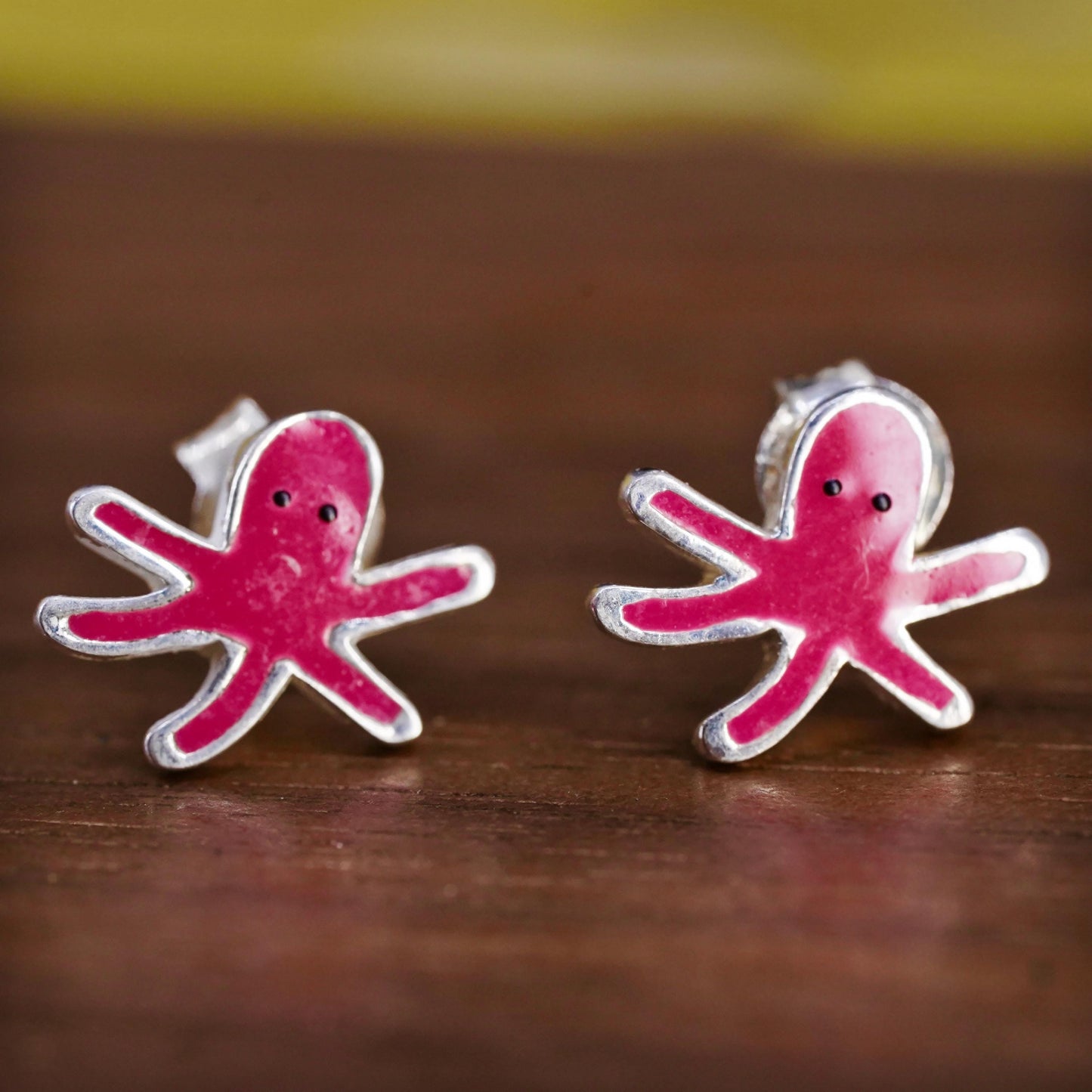 VTG Sterling silver handmade earrings, 925 octopus sausage studs pink enamel
