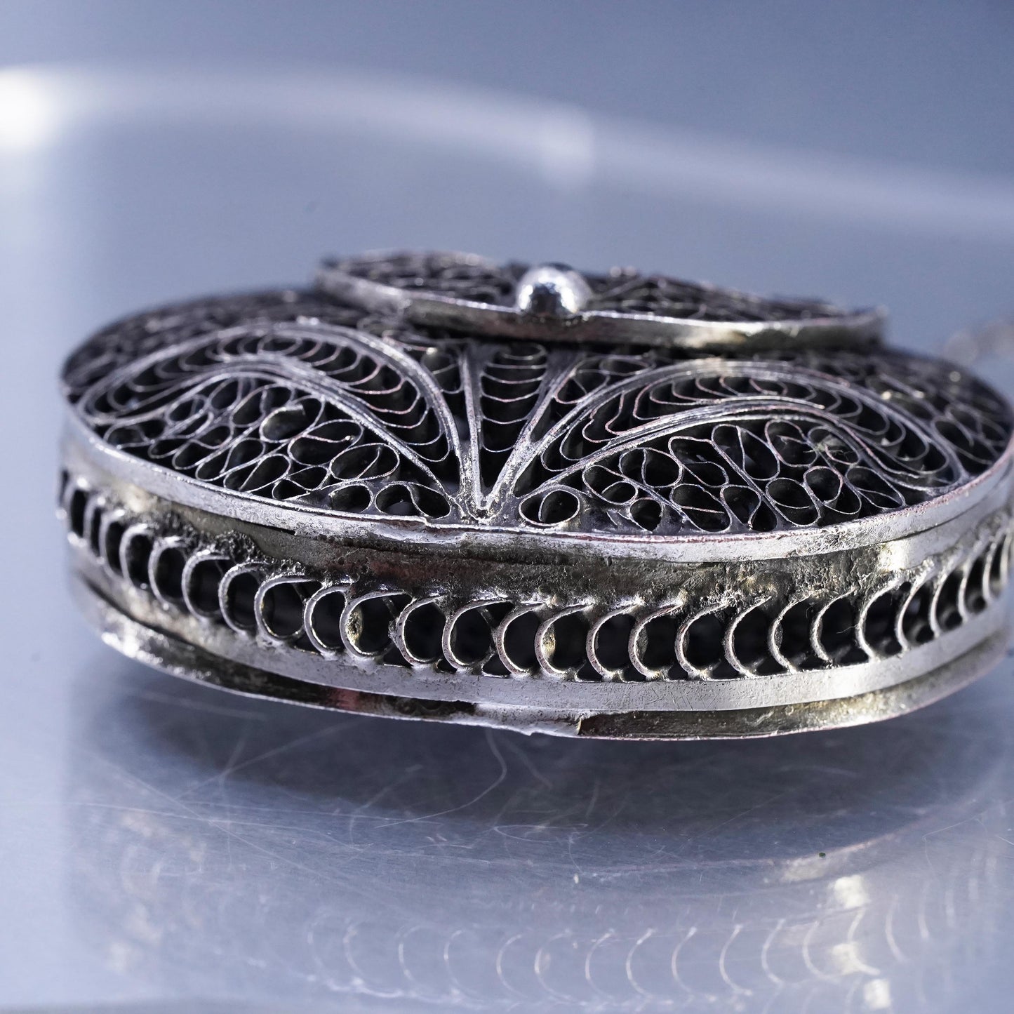 32", Sterling 925 silver necklace filigree purse bag pocket locket pendant