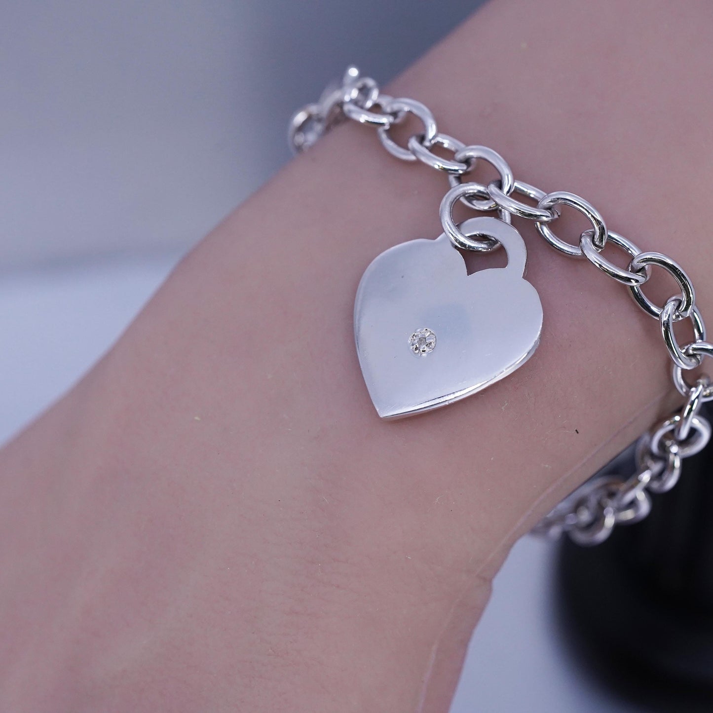 6.75", Vintage Sterling Silver Bracelet, 925 circle chain heart diamond charm