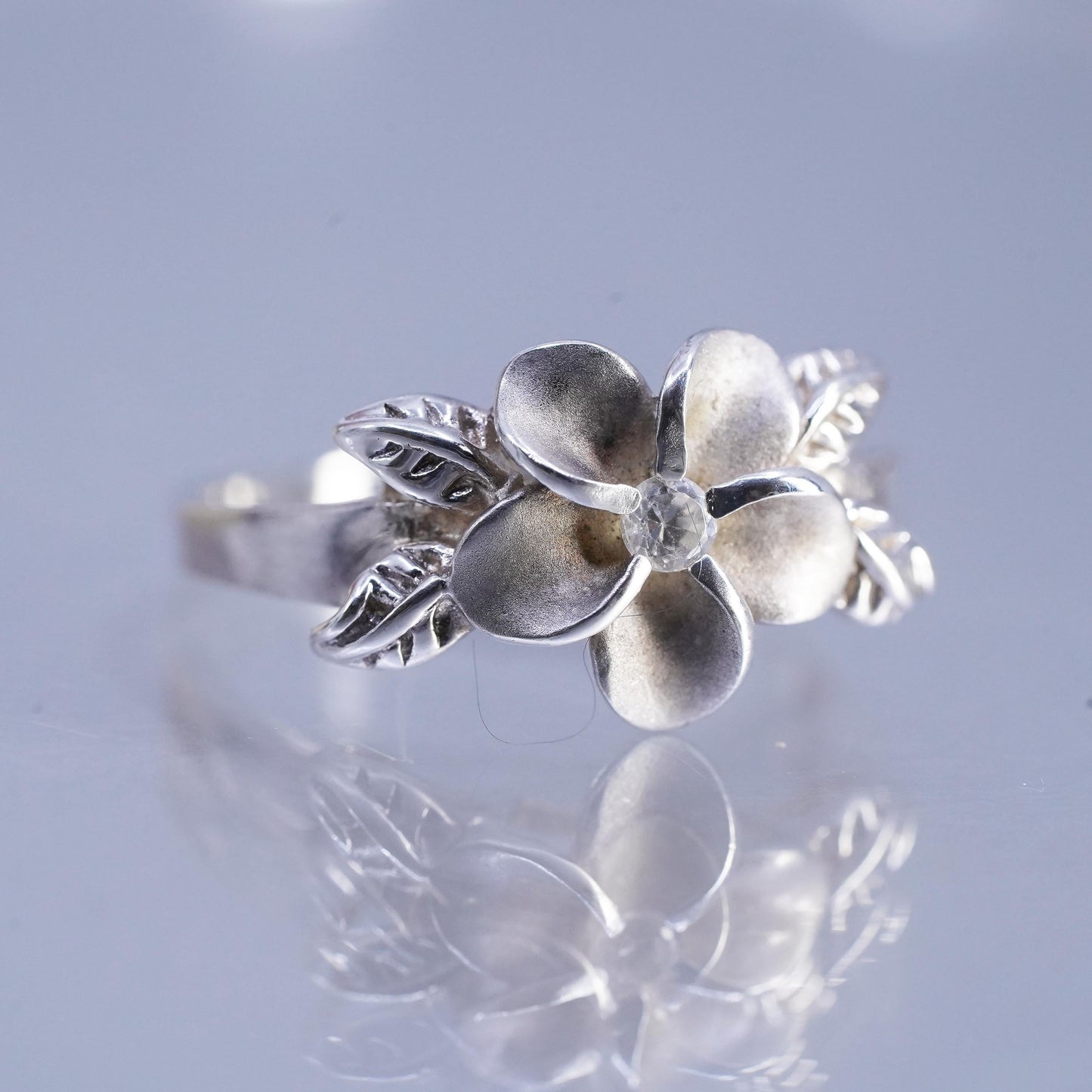 Size 9.5, vintage Sterling 925 silver handmade ring, plumeria flower band cz